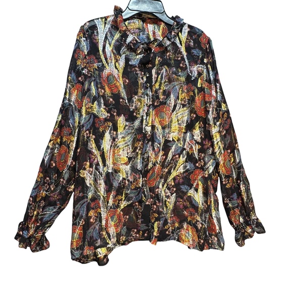 The Kooples Sport Blouse Womens Large Metallic Floral Sheer Ruffle Button Up - Picture 1 of 13